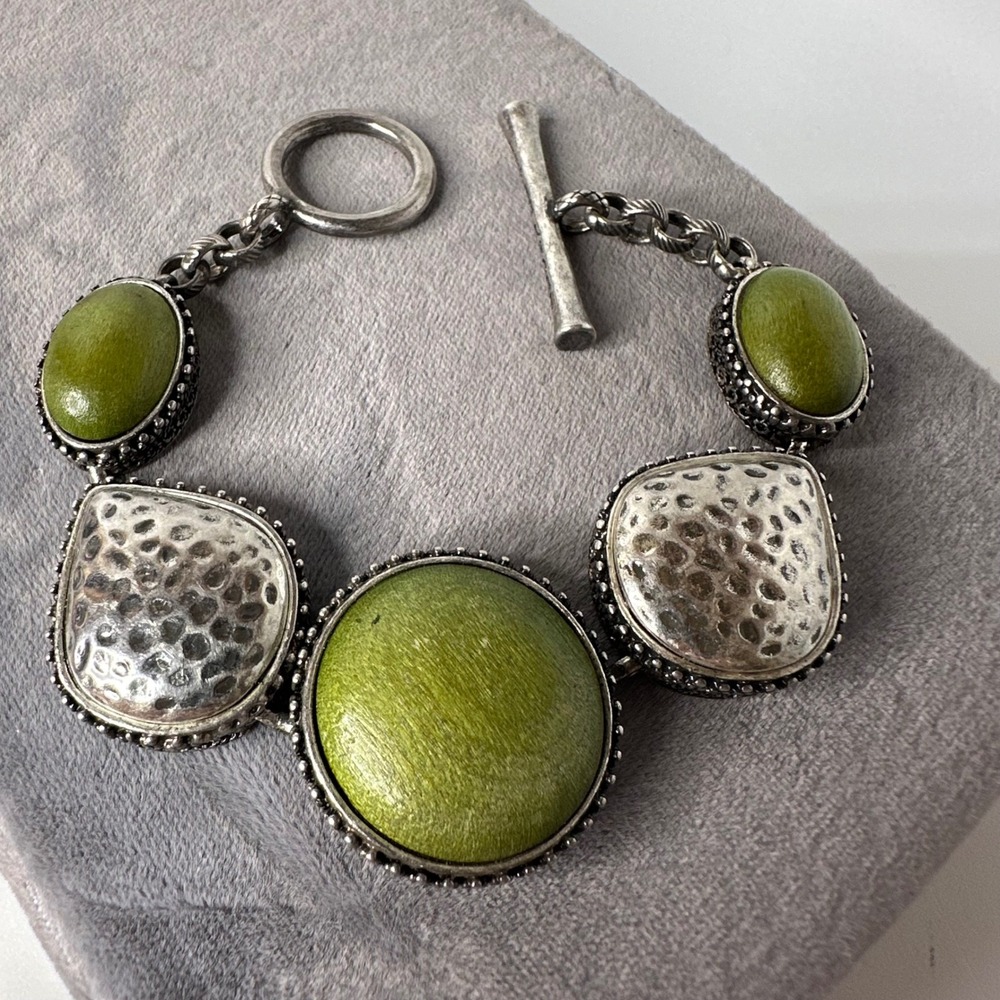 Lucky Brand Hammered Silver Tone Toggle Link Bracelet Green Wood Boho Floral